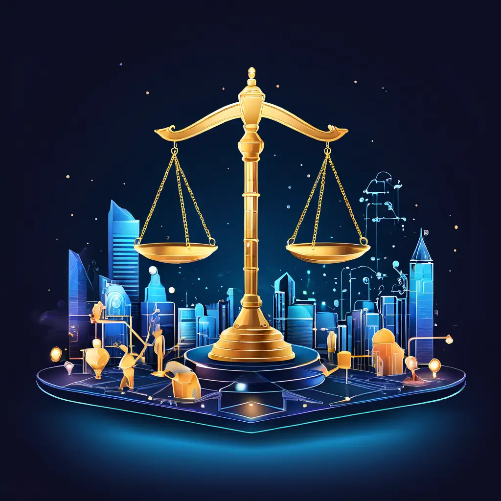 성장하는 디지털 커뮤니티와 그 옆에 놓인 법적 저울이 규제의 균형을 맞추는 과정을 상징적으로 표현한 이미지입니다.