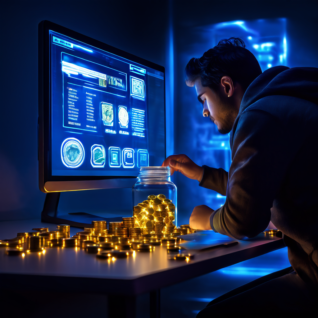 화면을 향해 몸을 구부린 채 빠르게 클릭하는 사람과, 모니터에서 '포인트'라 적힌 병으로 쏟아지는 동전과 디지털 보상 아이콘의 모습이다.