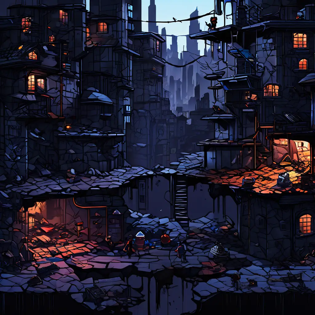 갈등과 불일치로 인해 균열이 발생하고 불안정해진 어두운 공동체 퍼즐이 조화와 협력의 부재로 인한 집단의 분열을 상징적으로 표현한 이미지입니다.