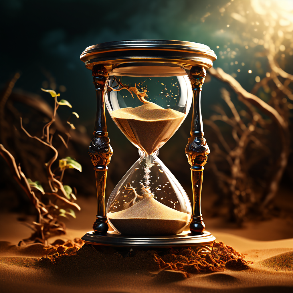 모래가 흐르는 모래시계 속에 금이 간 트로피와 덩굴이 흐름의 속도를 상징적으로 바꾸고 있는 모습이다.