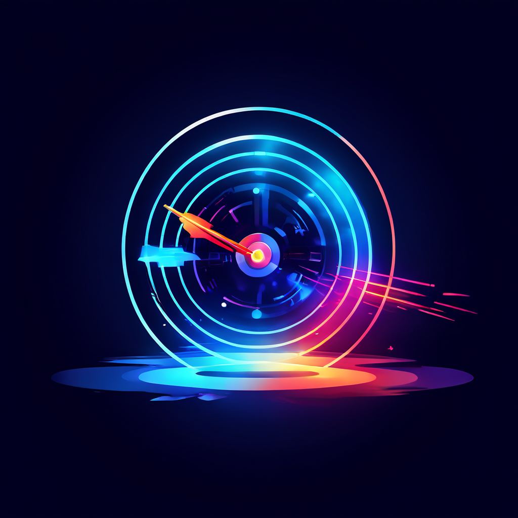 빛나는 그라데이션 궤적을 남기며 명확한 화살표가 과녁의 정중앙을 명중하는 모습이다.