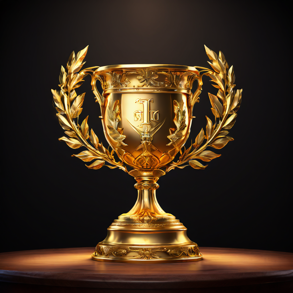 금색 트로피가 고전 기둥 위에 놓여 있고 빛나는 월계관이 그 위에 떠 있는 모습이다.