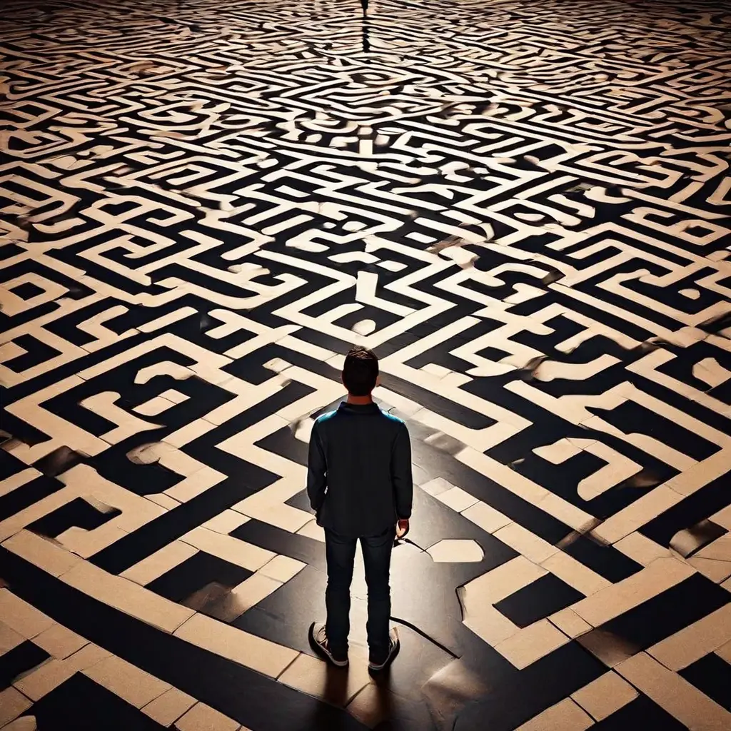 사용자 경로 최적화와 정보 구조의 중요성을 상징적으로 보여주는, 길이 바뀌는 타일로 이루어진 끝없는 미로의 갈림길에서 방향을 잃은 사용자의 모습을 담은 이미지입니다.
