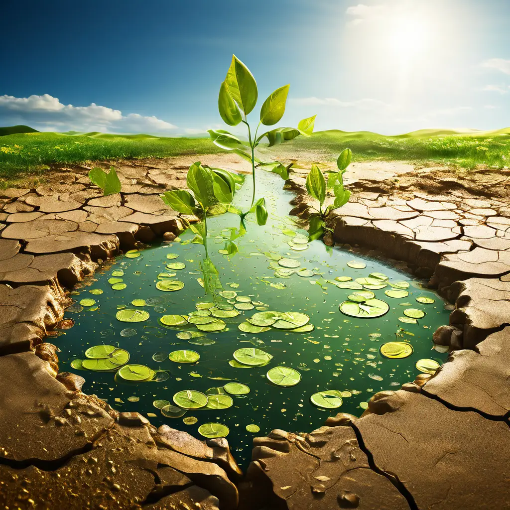 금화로 형상화된 물순환이 투자 성장을 상징하는 푸른 포트폴리오와 건조한 땅 사이를 순환하며 자본의 흐름과 가치 창출을 보여주는 개념 이미지입니다.