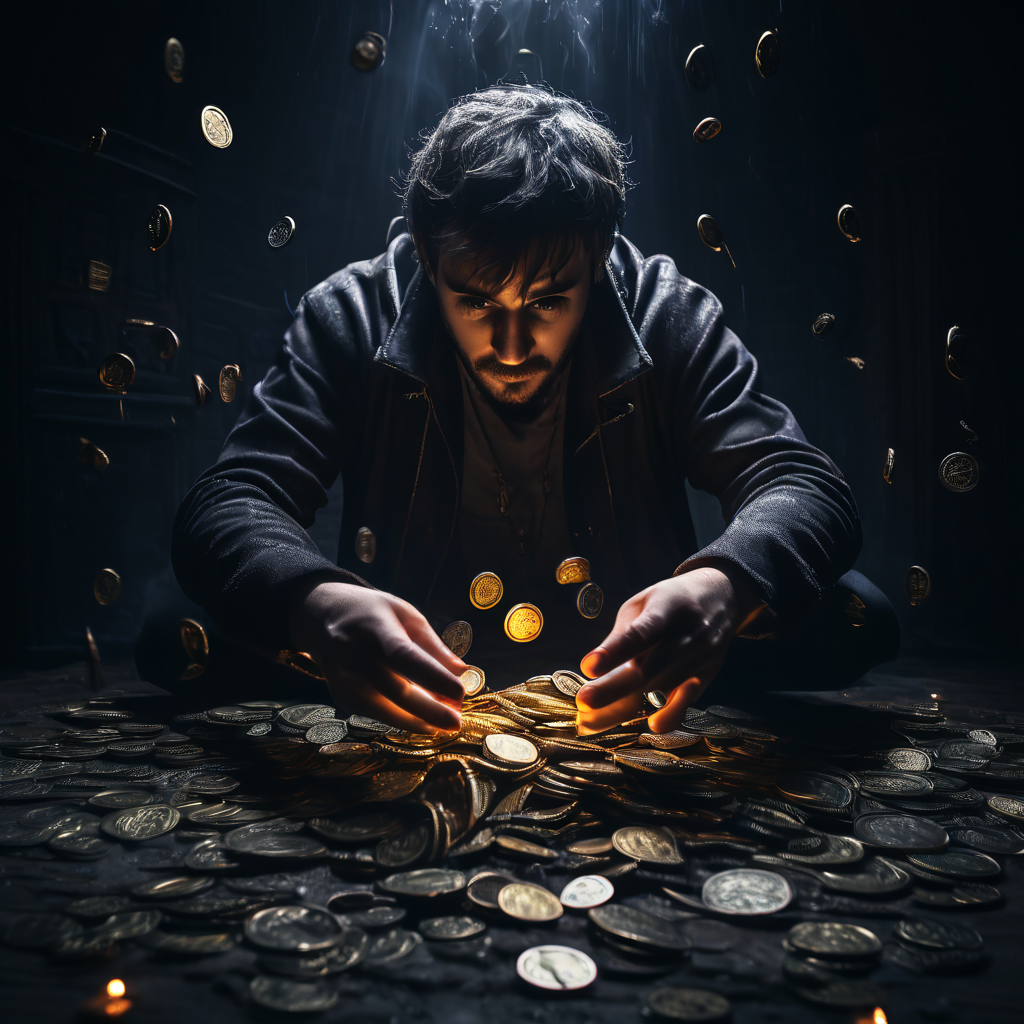 어두운 우물에 동전을 던지며 좌절한 표정의 사람과 손에서 이어지는 유령 같은 동전 사슬이 표현된 이미지입니다.