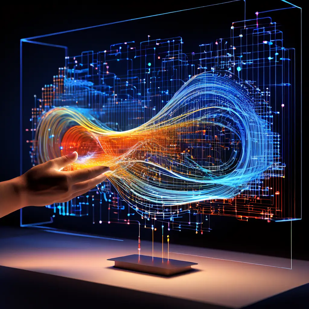 이론적 데이터 흐름 모델링에서 실제 적용 단계로 전환되는 순간을 시각화한 3D 시뮬레이션 인터페이스에서 '적용' 버튼을 클릭하는 손을 보여주는 개념도입니다.