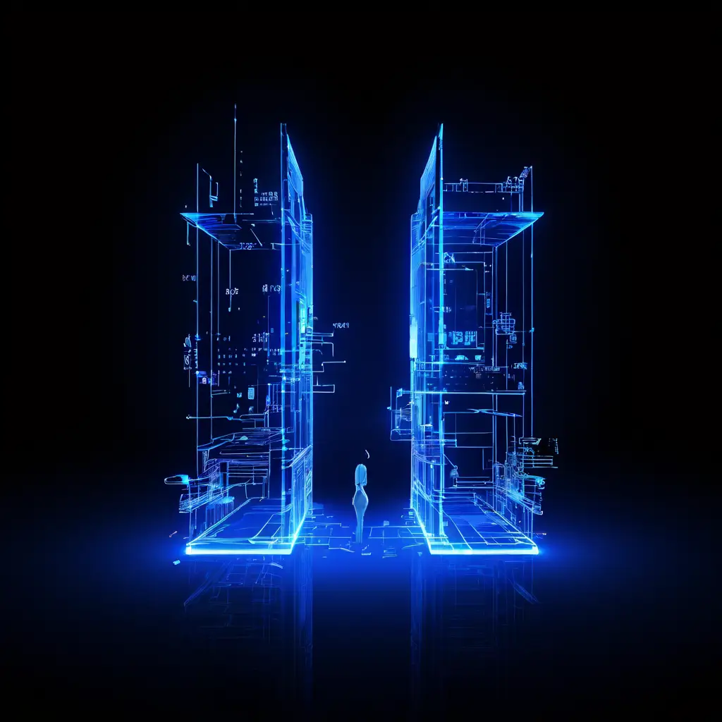 개발자의 웅장한 설계 청사진과 사용자가 실제로 마주하는 빛나는 화면 속 버그와 결함으로 가득한 불만족스러운 경험을 대비적으로 보여주는 이미지입니다.