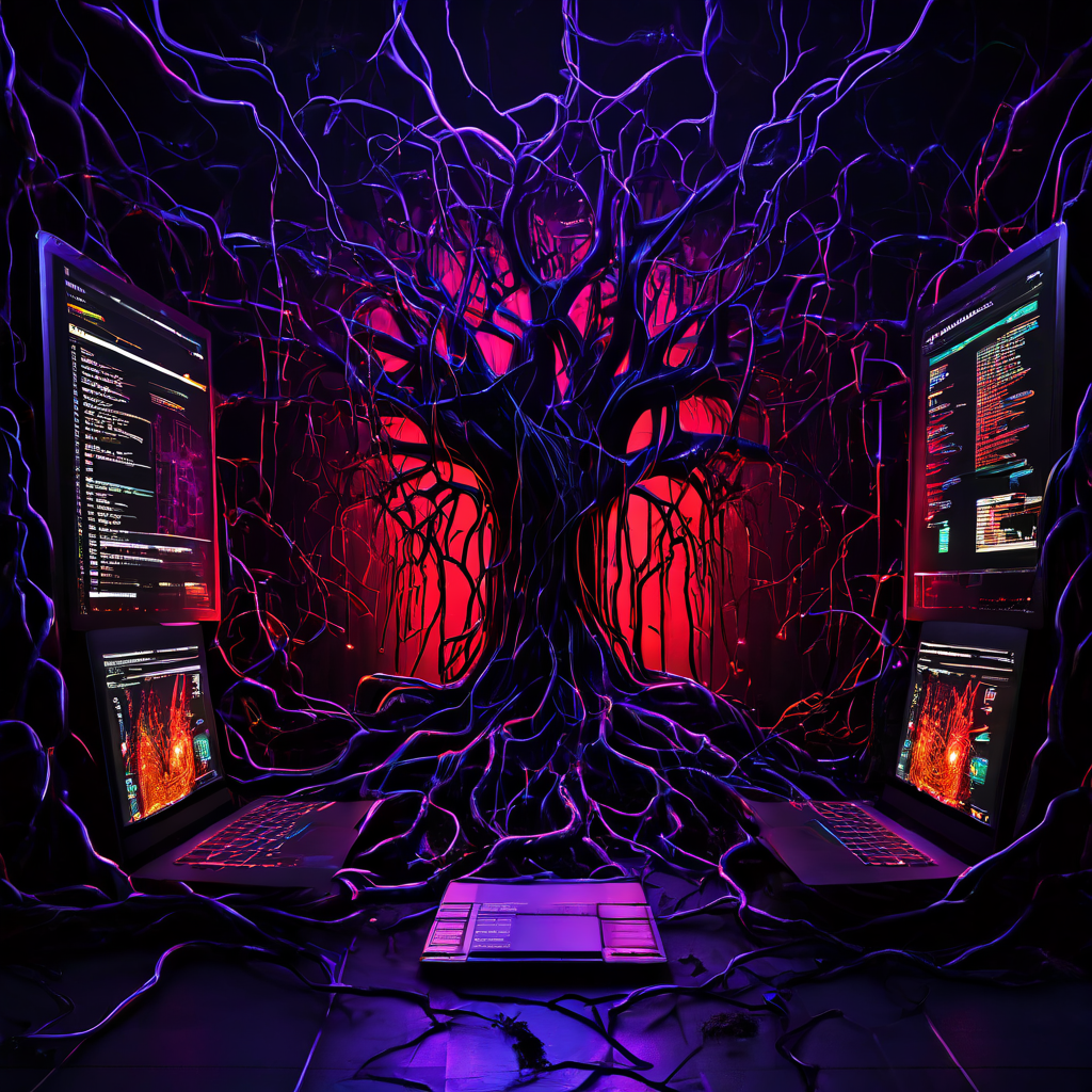 검은색 바탕에 뻗어나가는 어두운 뿌리처럼 보이는 웹사이트가 생생한 디지털 환경에 금 가고 부식되는 모습이다.