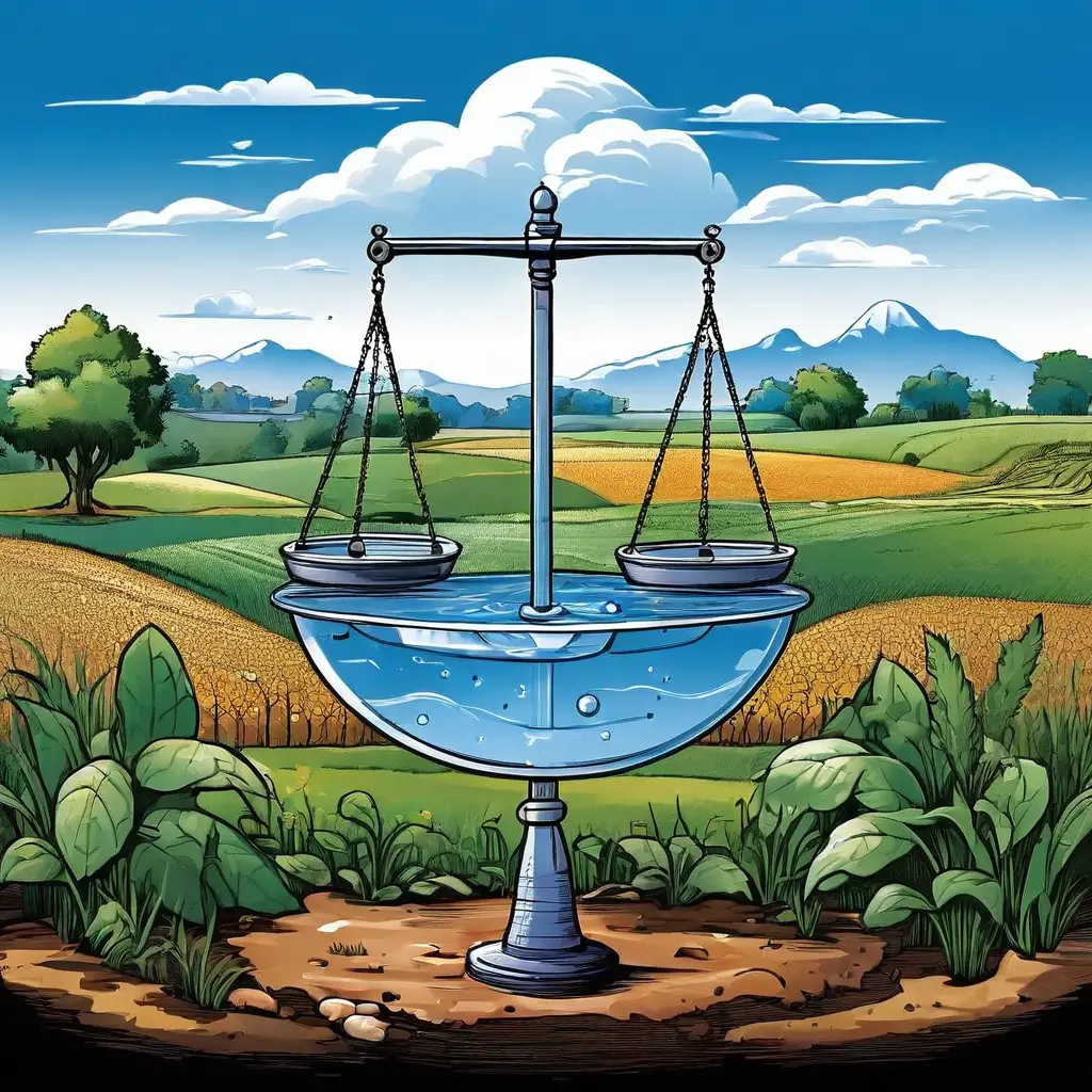 균형을 이룬 저울 양쪽에 물방울이 올려져 있고, 배경에는 강수량, 저수지, 농경지 관개 시스템을 나타내는 다이어그램이 함께 표현된 물 관리와 수자원 배분의 중요성을 상징하는 이미지입니다.