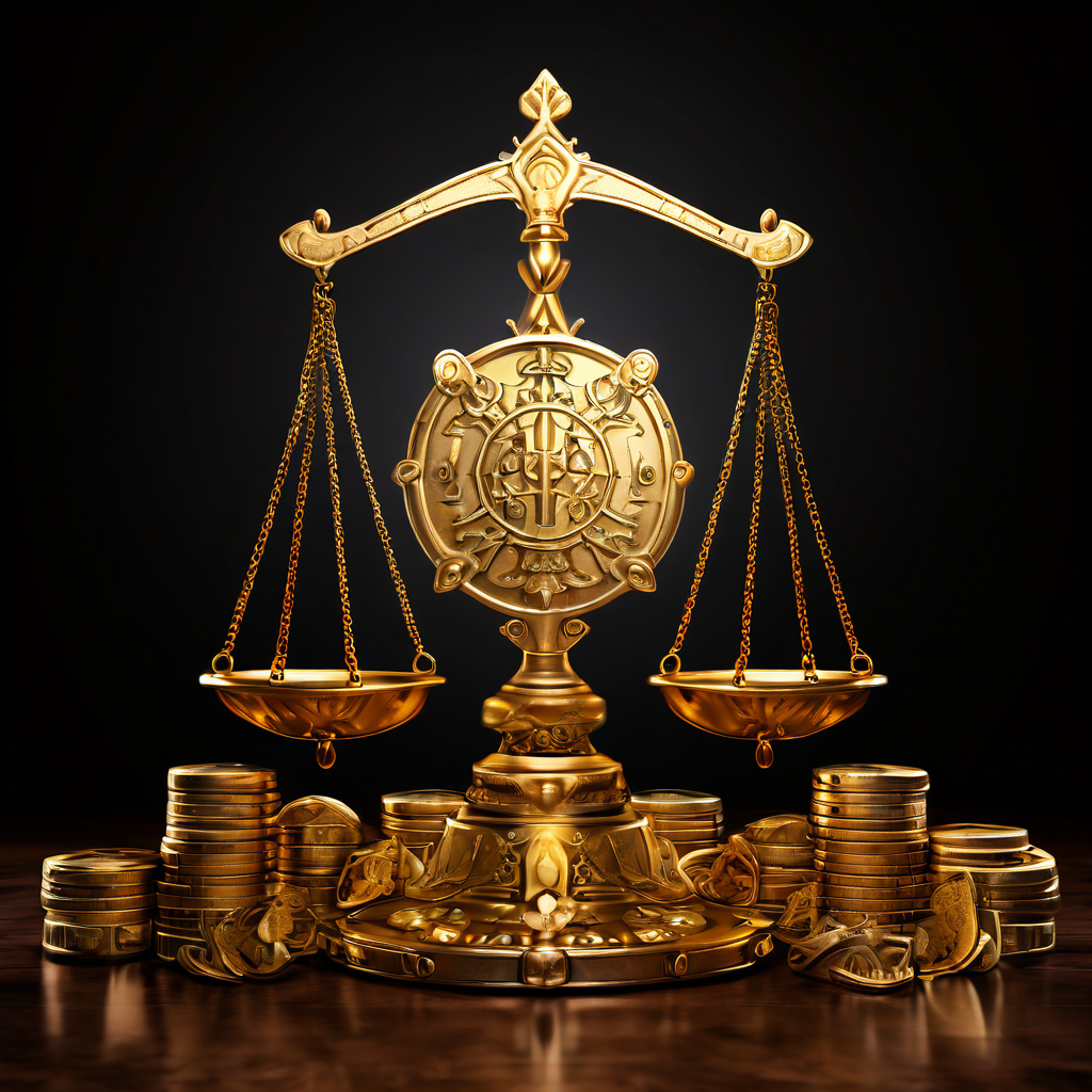 저울 한쪽에는 금화가, 다른 쪽에는 방패가 올려져 있고, 체인으로 고정된 상승하는 그래프가 함께 균형을 이루는 모습이다.