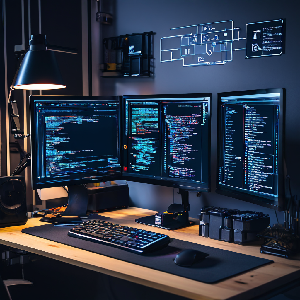 모듈식 코드 구조 다이어그램이 모니터에 표시된 현대적인 개발자 책상으로, 체계적으로 정리된 작업 도구와 견고한 기반을 통해 소프트웨어 개발의 안정성과 질서를 상징적으로 보여줍니다.