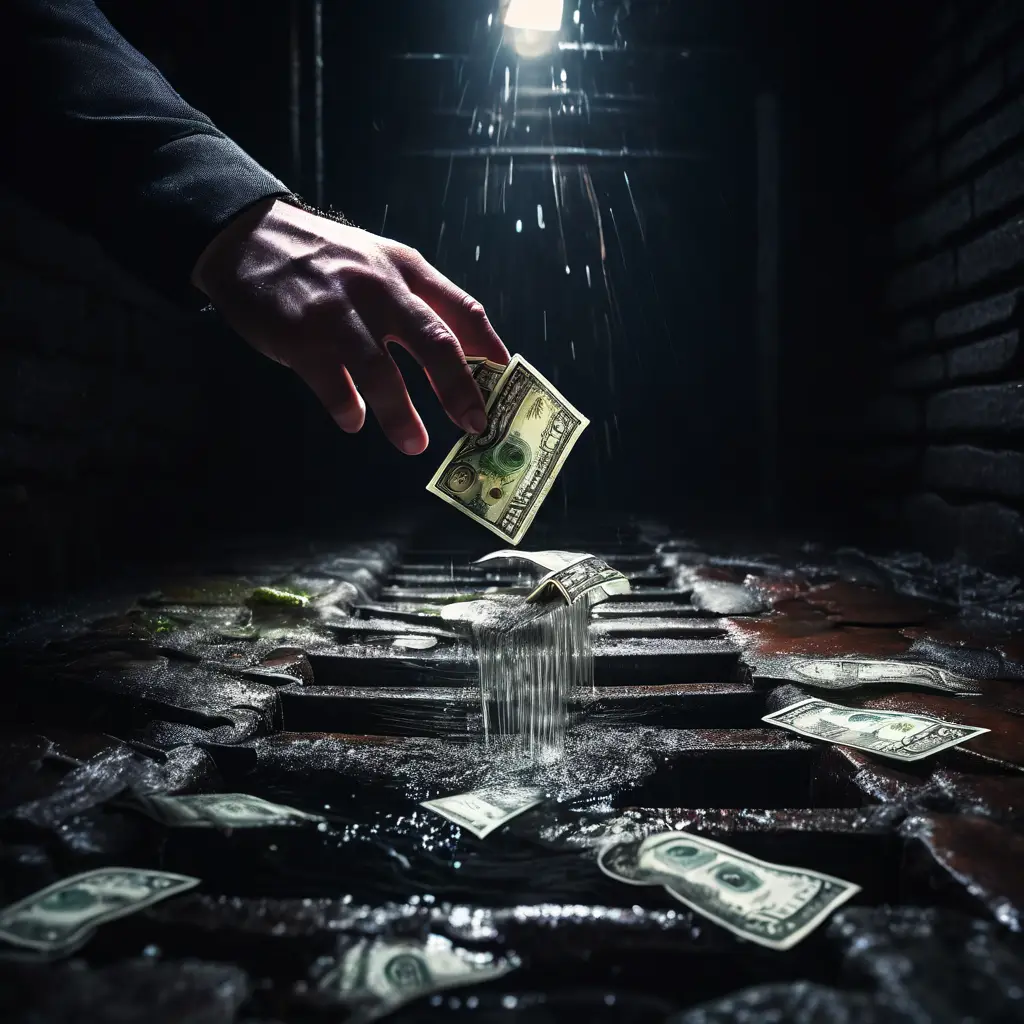 돈을 잃어버리는 상실감을 상징적으로 표현한 이미지로, 한 장의 지폐를 놓친 손이 깊은 하수구 쪽으로 추락하는 장면을 담고 있습니다.