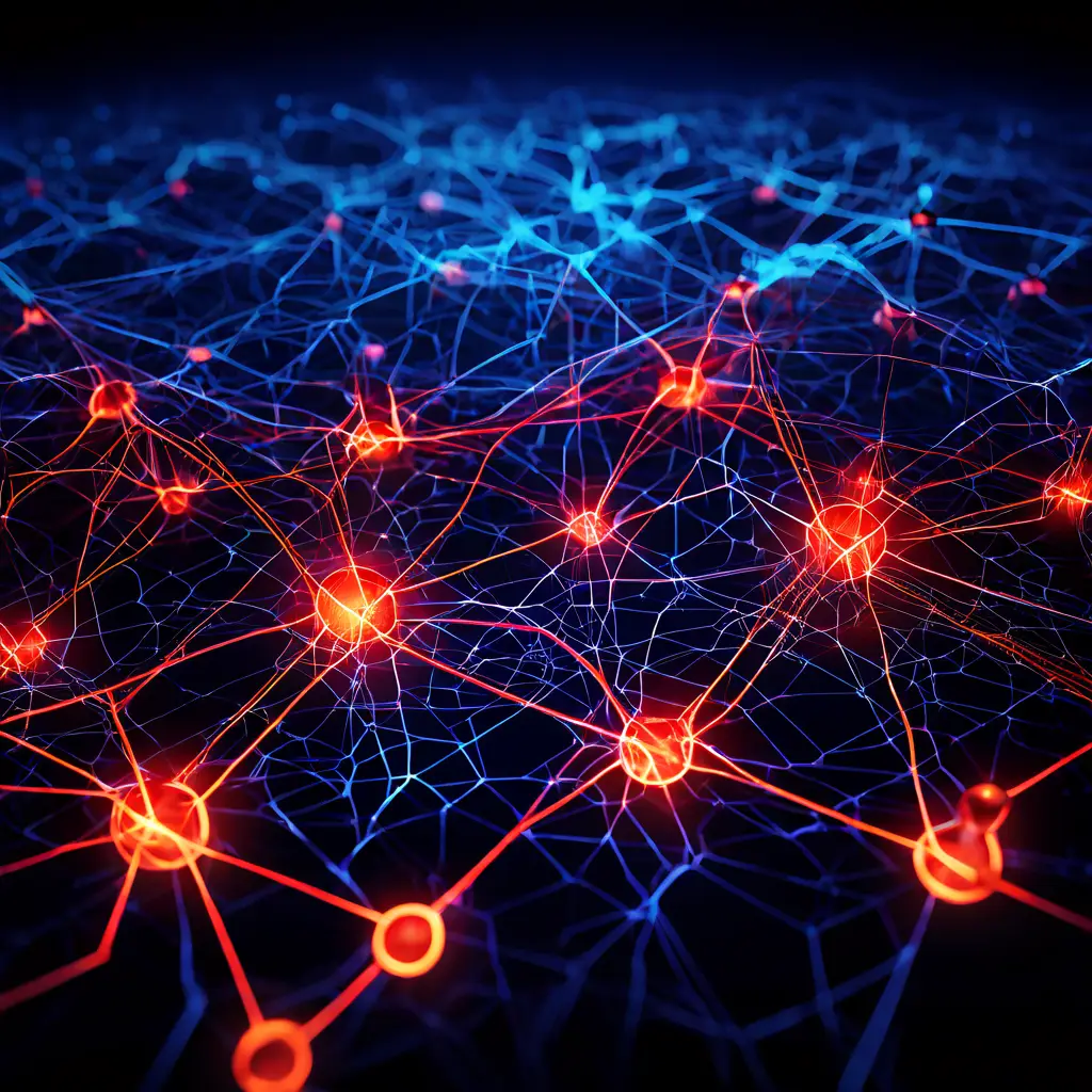 복잡하게 연결된 네트워크 노드 중 일부는 밝게 빛나고 일부는 어둡게 표현되어, 힘과 압력의 선이 가시적으로 왜곡된 웹 구조를 형성하는 데이터 흐름과 연결성을 상징합니다.