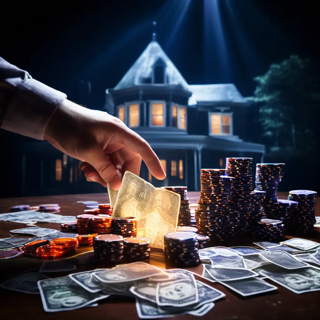 카지노 테이블 위에 떨리는 손이 많은 수의 칩을 올려놓는 모습과 함께, 압류된 집과 깨진 가족 사진의 유령 같은 투명한 이미지가 중첩되어 도박의 파괴적인 결과를 상징적으로 보여주는 장면입니다.