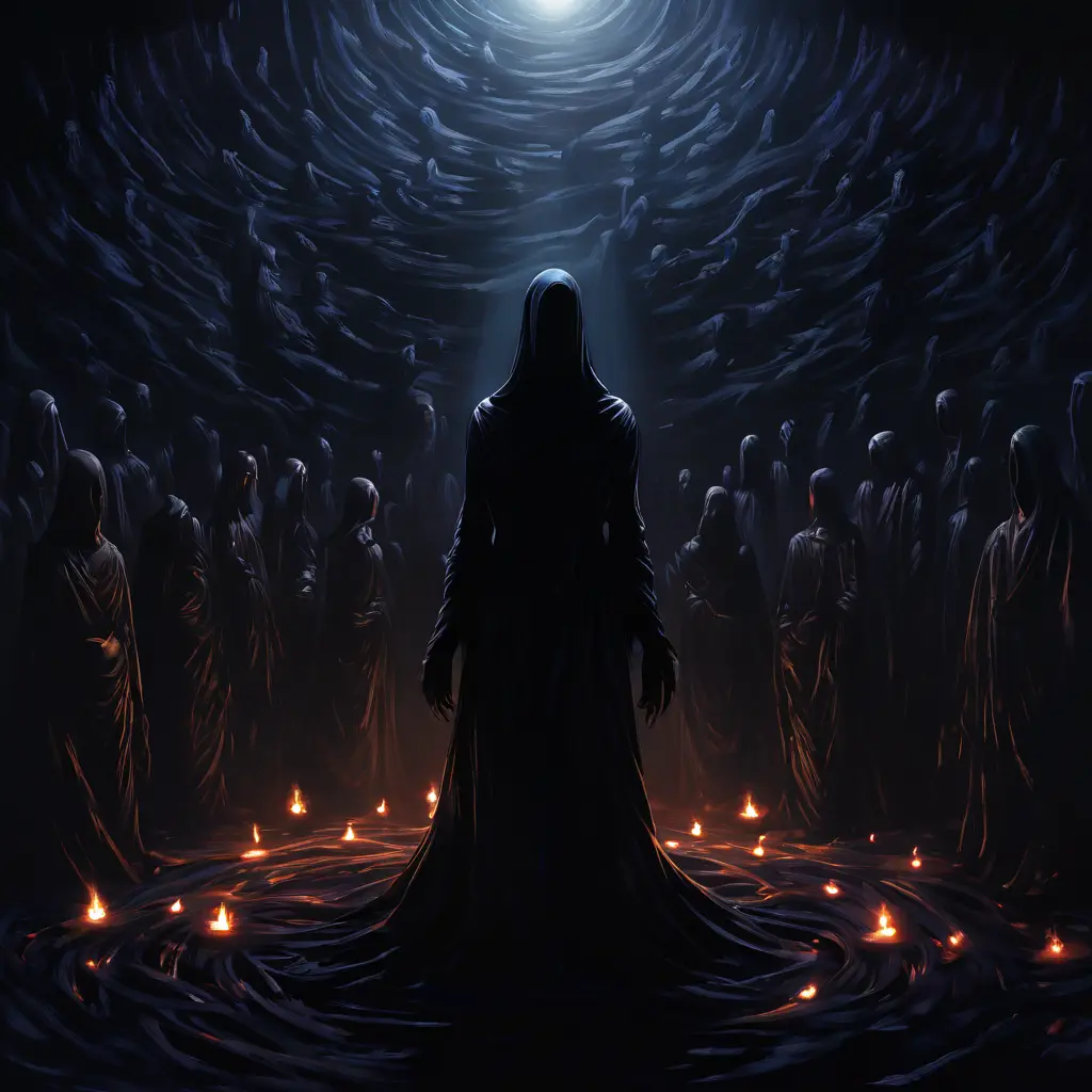 집단의 압력 속에서 고립된 개인의 목소리를 상징적으로 표현한 이미지로, 무수한 익명의 군중이 중심의 빛나는 단일 목소리를 둘러싸고 침묵시키는 모습을 묘사하고 있습니다.