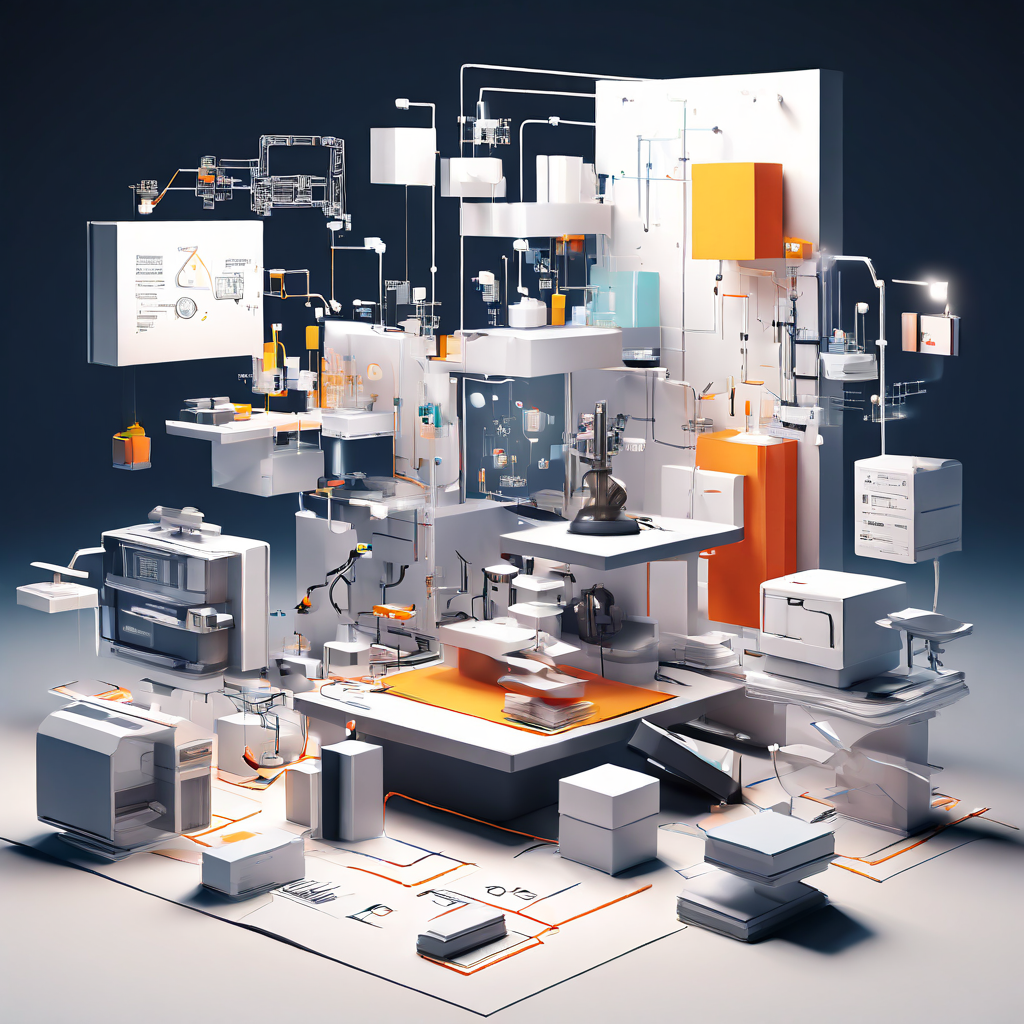 그래픽 에셋이 핵심 구성 요소로 체계적으로 분해된 후, 새롭고 다양한 형태로 재조립되는 과정을 3D 플로우차트로 깔끔하게 시각화한 모던 스튜디오 작업 환경을 보여주는 이미지입니다.