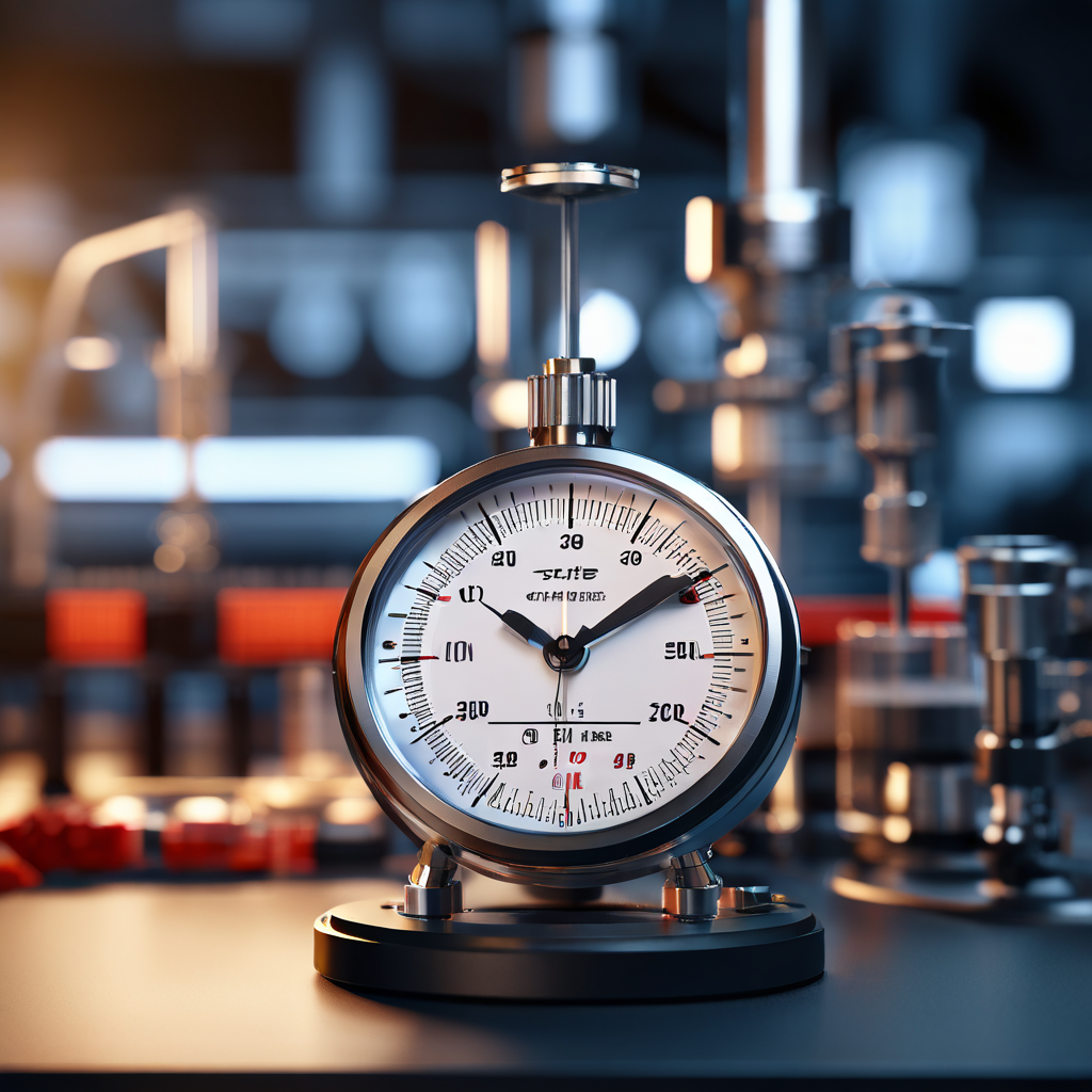 기술 실험실 배경에서 과학 장비와 교정 도구들 사이에 놓인 고정밀 스톱워치의 디지털 화면이 밀리초 단위를 표시하고 있는 클로즈업 모습을 담은 이미지입니다.