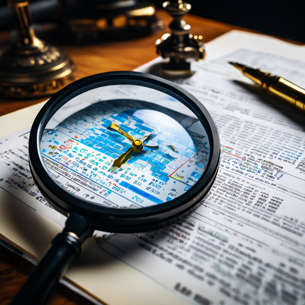 디지털 원장을 검토하는 감사관의 시점에서 확대경이 실시간 시계와 정확히 일치하는 타임스탬프를 확인하고 있는 모습을 상징적으로 표현한 이미지입니다.