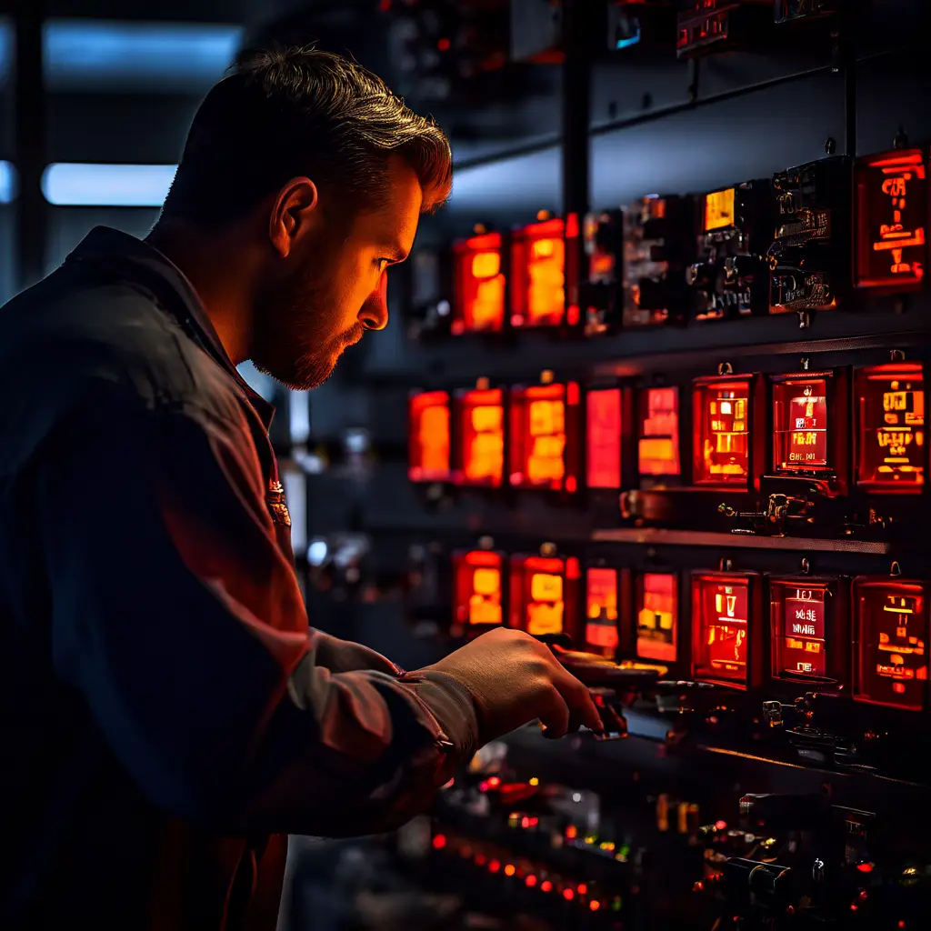 제어판의 경고등을 확인하고 잠재적 위험에 대응하기 위해 집중하며 준비 자세를 취한 작업자의 모습을 담은 이미지입니다.