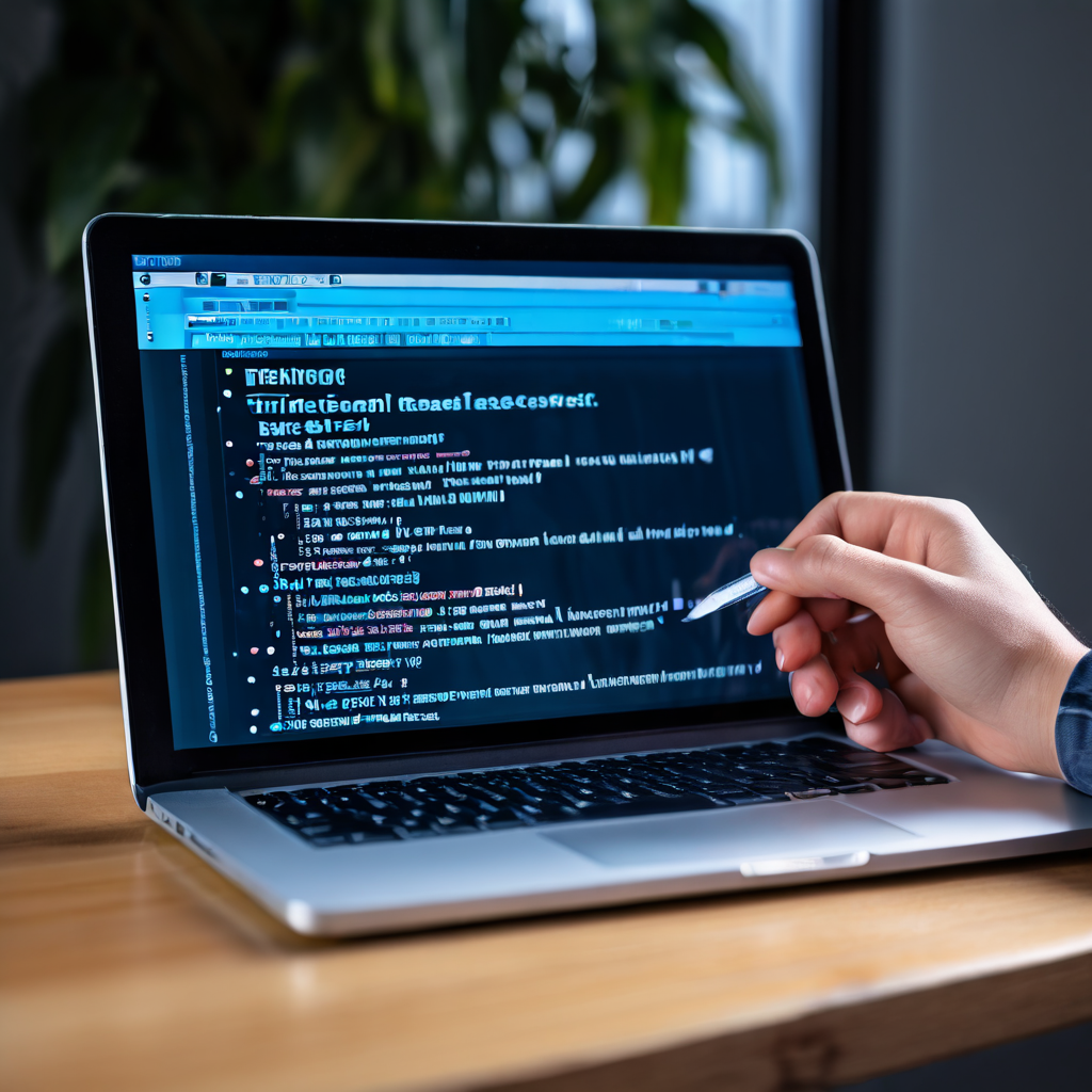웹 개발자가 브라우저 창에 HTML 메타 태그를 직접 작성하며, 옆에는 SEO 최적화를 위한 코드 예시가 함께 배치된 개념도를 보여주는 이미지입니다.