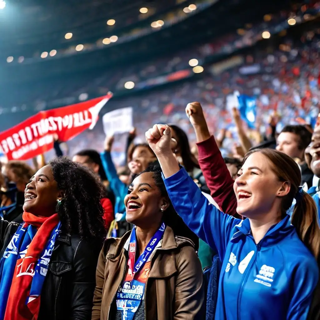 스포츠 정신과 긍정적인 지역 사회 가치를 홍보하는 현수막을 들고 경기장에서 다양한 관중들이 존중하며 열광적으로 응원하는 모습을 담은 이미지입니다.