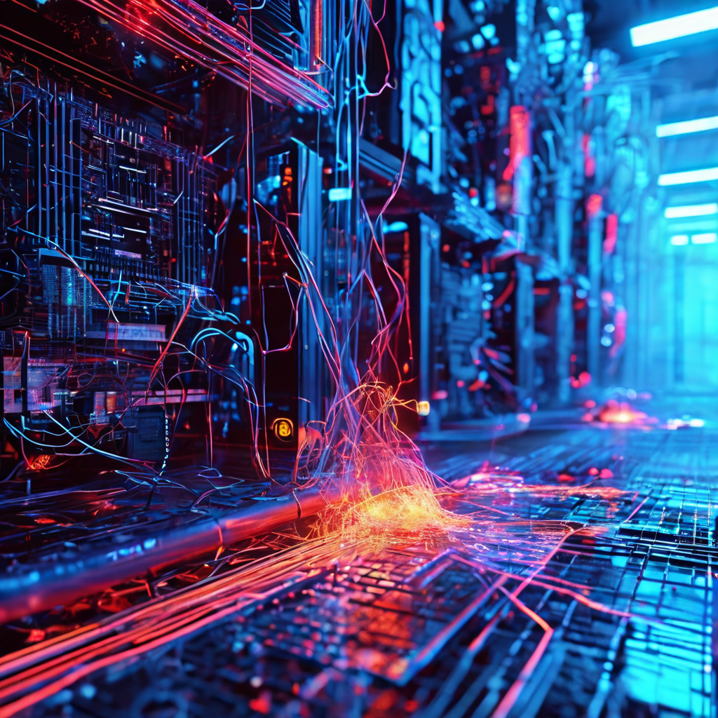 3D 와이어프레임으로 표현된 디지털 세계가 오류로 인해 글리칭되고 해체되며, 컴퓨터 그래픽 카드 근처에서 훼손된 전원 케이블이 불꽃을 튀기고 있는 모습을 보여줍니다.