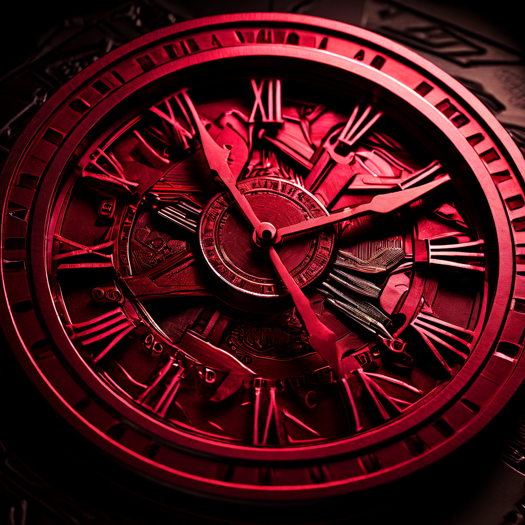 시간을 낭비하는 도박의 위험성을 상징적으로 표현한 이미지로, 시계 바늘 위에 쌓인 베팅 칩과 경고 깃발 모양의 붉은 그림자가 조합되어 있습니다.