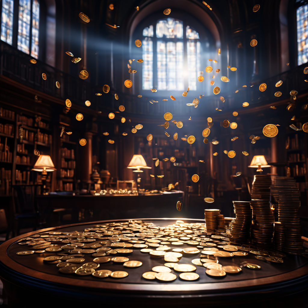 도서관에서 책을 읽는 사람 옆 테이블에 놓인 동전이 공중에 흐르는 음표의 영향으로 미묘한 진동을 일으키는 독서와 음악의 조화로운 장면