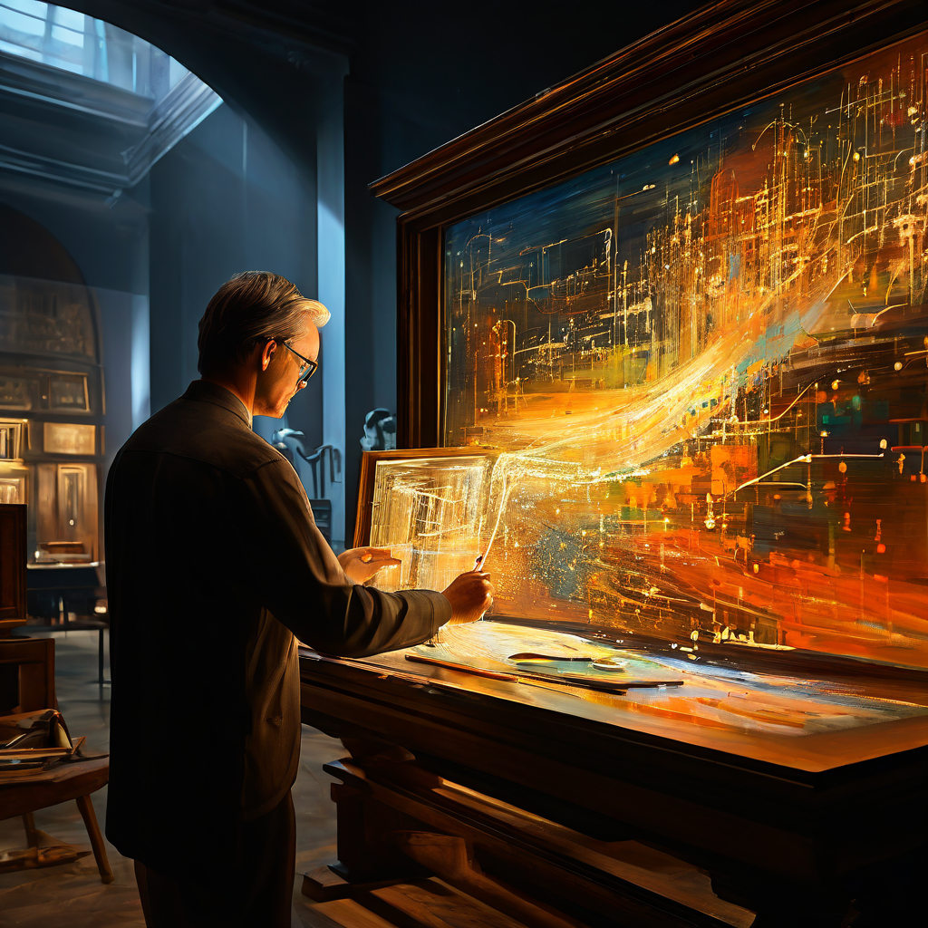 디지털 기술을 활용한 현대 보존사가 고전 회화를 복원하며 붓에서 캔버스로 흐르는 빛나는 데이터 스트림으로 전통과 현대가 융합되는 장면을 담은 이미지입니다.