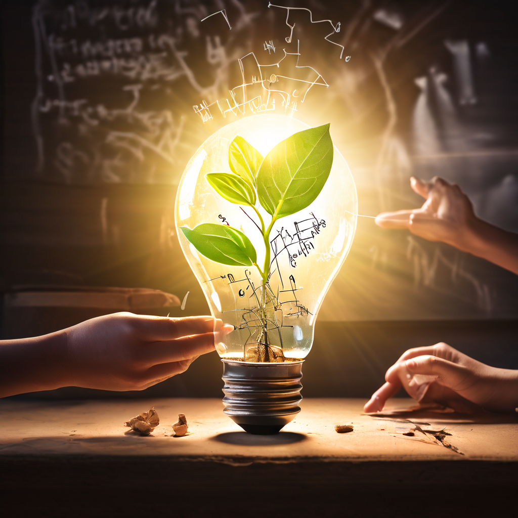 햇빛이 비치는 작업실에서 깨진 백열전구 틈으로 새싹이 자라나고 주변의 지지하는 손들로 둘러싸인 모습을 보여주며, 칠판에는 지워진 수식들 끝에 최종 해답이 적혀 있습니다.
