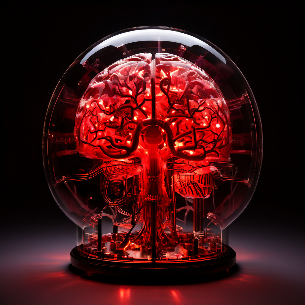 기어로 구성된 인간 두뇌가 붉게 빛나며 연기를 내뿜는 모습을 투명 유리 돔에 가둔 창의적 아이디어와 인공지능 개념을 시각화한 이미지입니다.