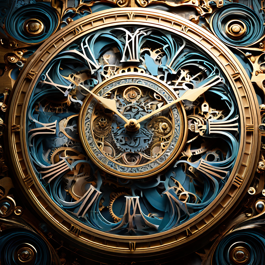 시간의 왜곡과 비정상적인 흐름을 상징하는 초현실적 이미지로, 시계 숫자가 떨어져 나와 의도적 조작이나 고장을 암시하는 불규칙한 소용돌이 패턴을 형성하고 있습니다.