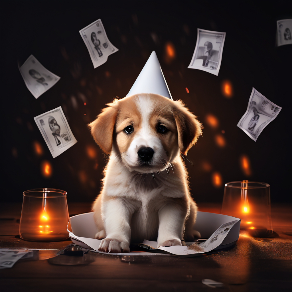 보호소의 슬픈 강아지 사진 위에 마케팅 퍼널 그래픽이 겹쳐져 판매 차트와 돈으로 변환되는 과정을 시각적으로 표현한 개념 이미지입니다.