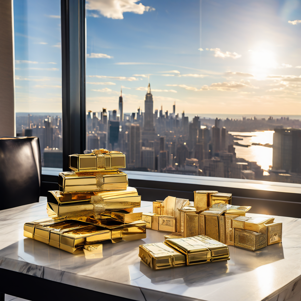 금괴와 명품 시계, 럭셔리 쇼핑백이 펜트하우스의 마블 테이블 위에 쌓여 부의 과시를 상징적으로 보여주며 창밖으로 도시의 고층 빌딩이 펼쳐진 이미지입니다.
