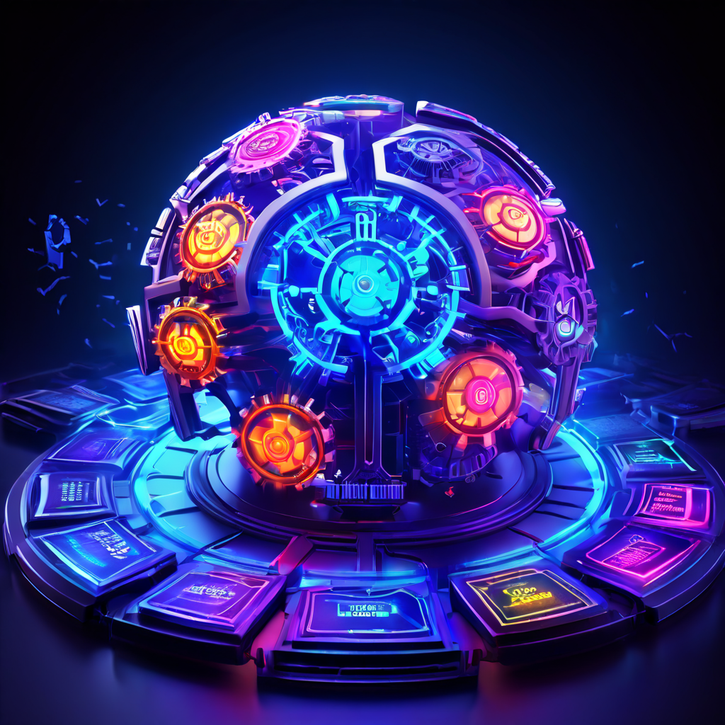 게임 메커니즘을 구성하는 보상 루프와 소셜 기능 등이 적힌 기어들이 맞물려 돌아가며 빛나는 두뇌 퍼즐을 형성하고, 생동감 넘치는 게임 UI 배경에 배치된 개념 설명 이미지입니다.