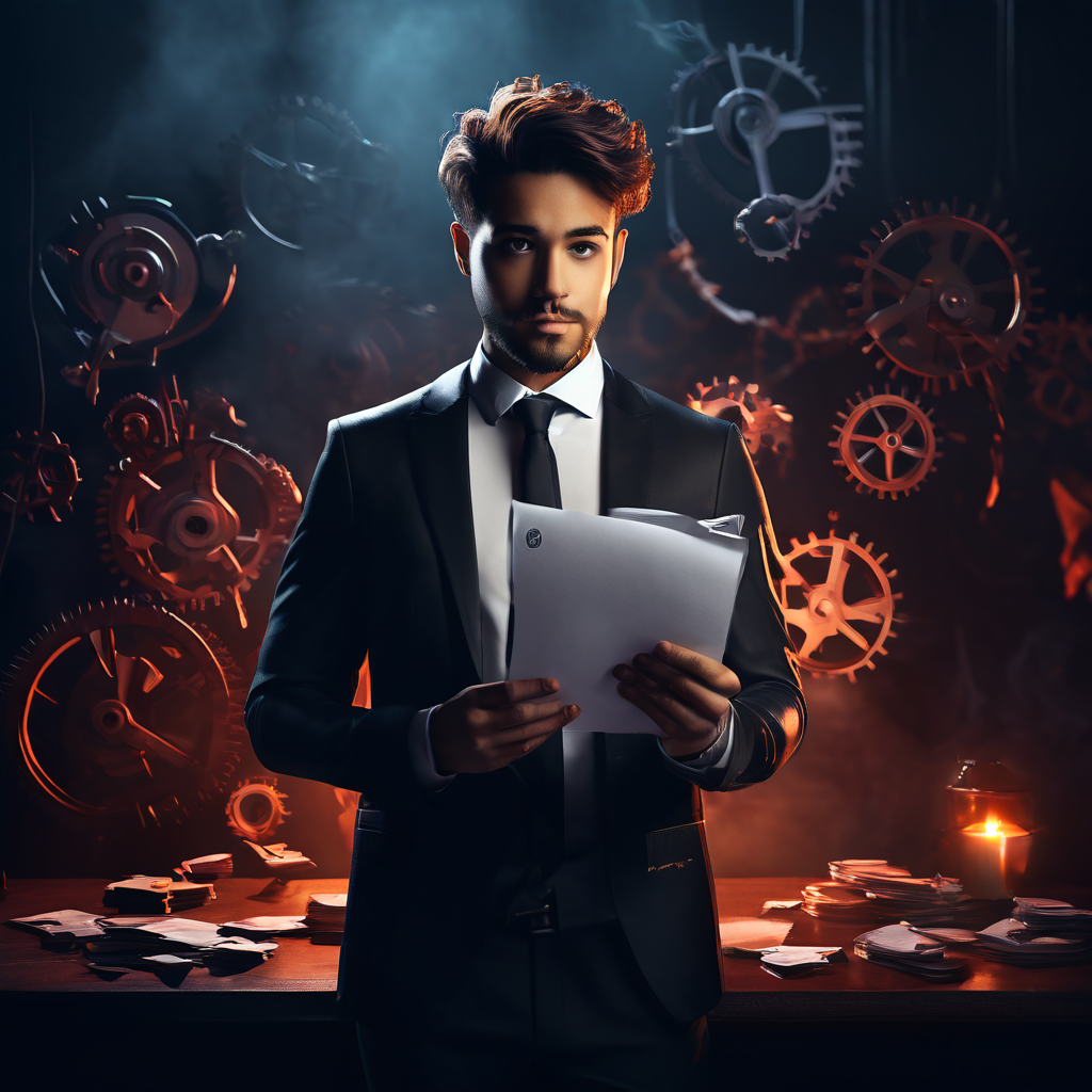 스트리머가 수수께끼 같은 빈 메모지를 들고 전략을 고민하는 모습을 배경의 물음표와 기어 장치가 상징적으로 표현한 콘텐츠 제작 및 방송 기획 상황 이미지입니다.