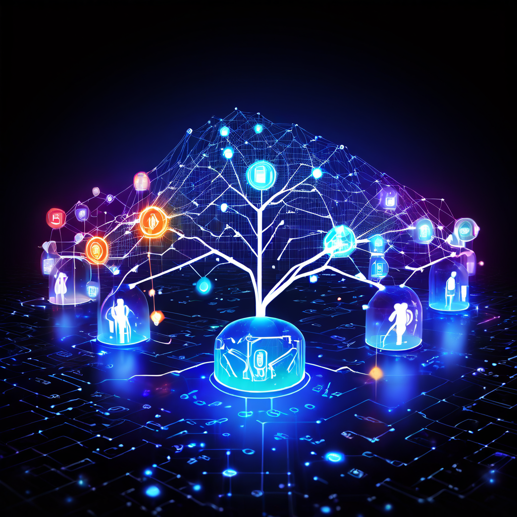 디지털 네트워크가 다양한 사용자들을 연결하며 성장과 협업 아이콘을 통해 현실 세계에서의 긍정적인 영향과 실제 적용 사례를 보여주는 이미지입니다.