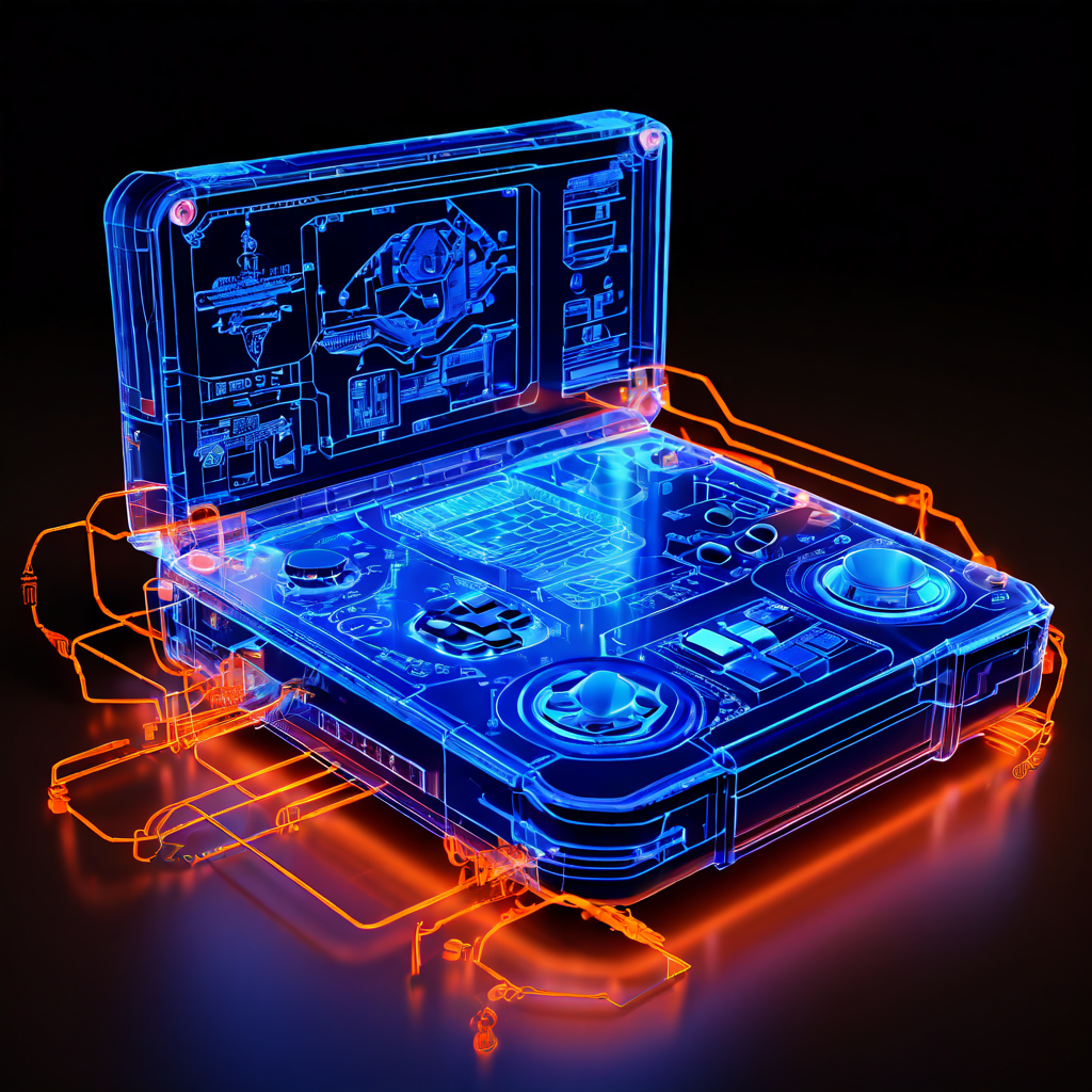 투명한 케이스 속에 복잡한 회로 설계도가 빛나는 레트로 게임 콘솔의 내부 기술 구조를 상세히 보여주는 블루프린트 오버레이 이미지입니다.