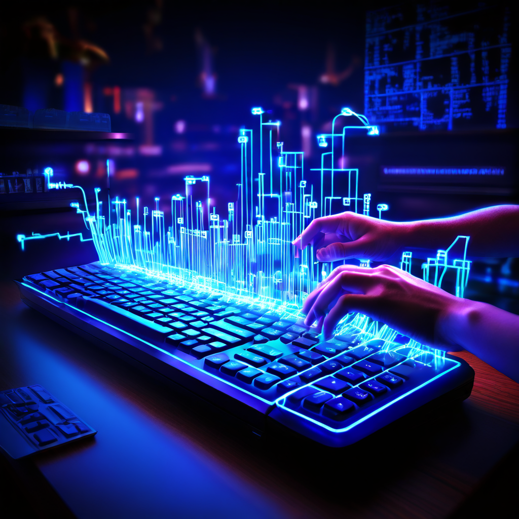 할인 쿠폰 입력이 급증하는 디지털 마케팅 상황을 상징적으로 표현한 그래프가 수많은 손이 빛나는 키보드를 동시에 두드리는 모습으로 급상승하는 모습을 보여줍니다.