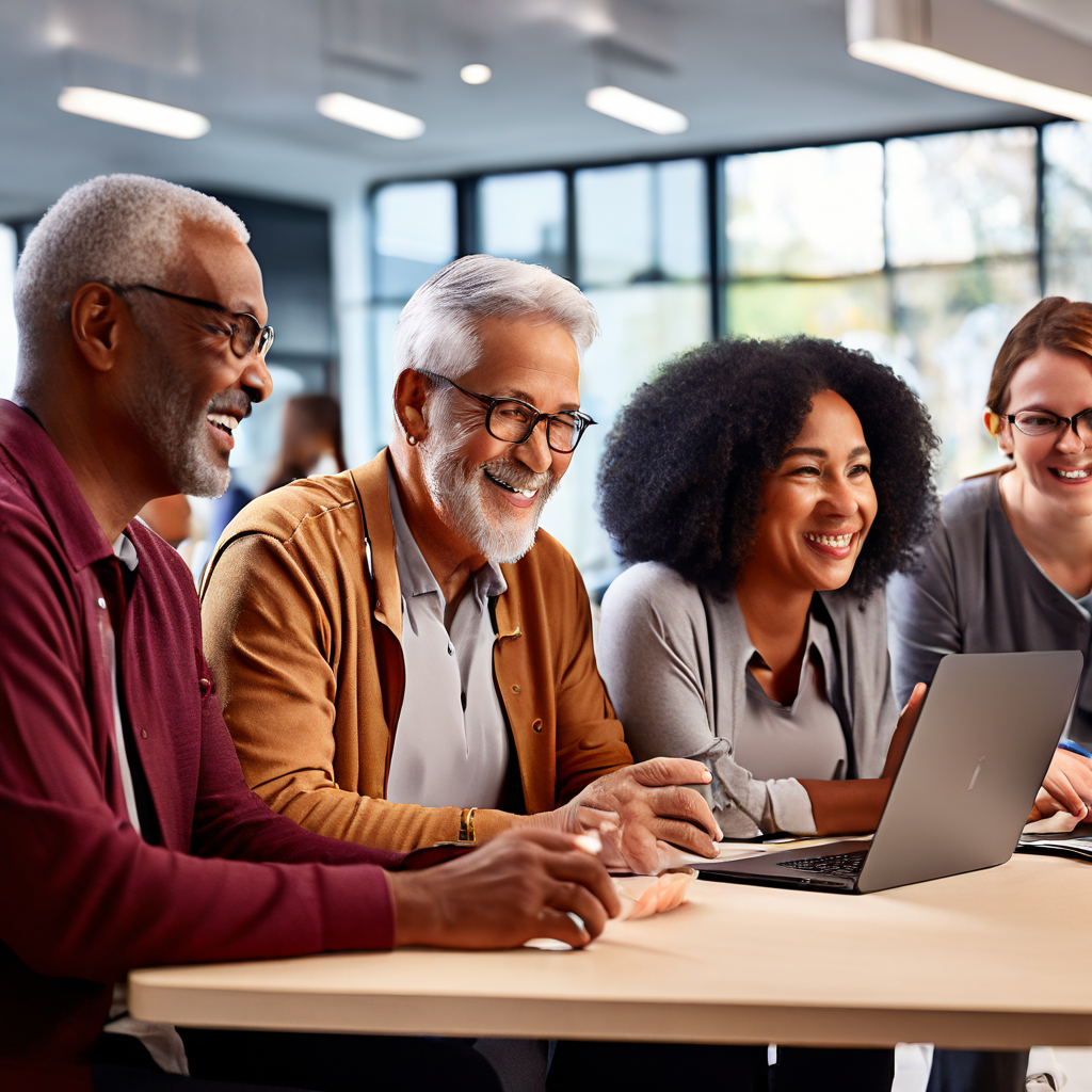밝고 현대적인 커뮤니티 센터에서 중장년 및 시니어 세대가 디지털 기기 사용법을 배우며 적극적으로 소통하고 있는 모습을 담은 이미지입니다.