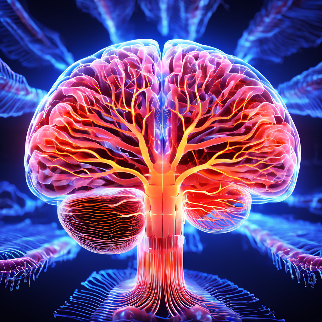 뇌 신경 활동을 시각화한 이미지로, 서로 겹치고 충돌하며 조화를 이루는 음파 패턴이 복잡한 신경 연결망을 형성하는 모습을 보여줍니다.