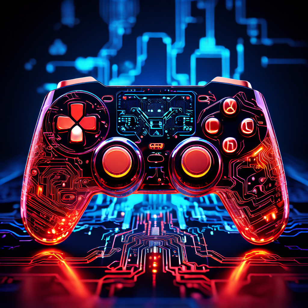 게임 컨트롤러의 핵심부를 흐르는 회로 기판 강이 이진 코드와 스킬 아이콘을 빛나는 중앙 처리 장치로 전달하는 디지털 게이밍의 내부 동작 개념을 상징적으로 표현한 이미지입니다.