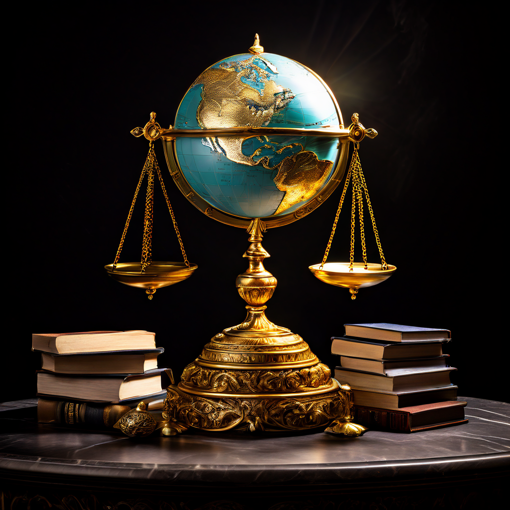지식과 세계적 책임의 균형을 상징하는 황금 저울 위에 빛나는 지구와 책 더미가 놓여 있으며, 이는 신뢰와 권위를 기반으로 한 균형 잡힌 가치관을 표현한 이미지입니다.
