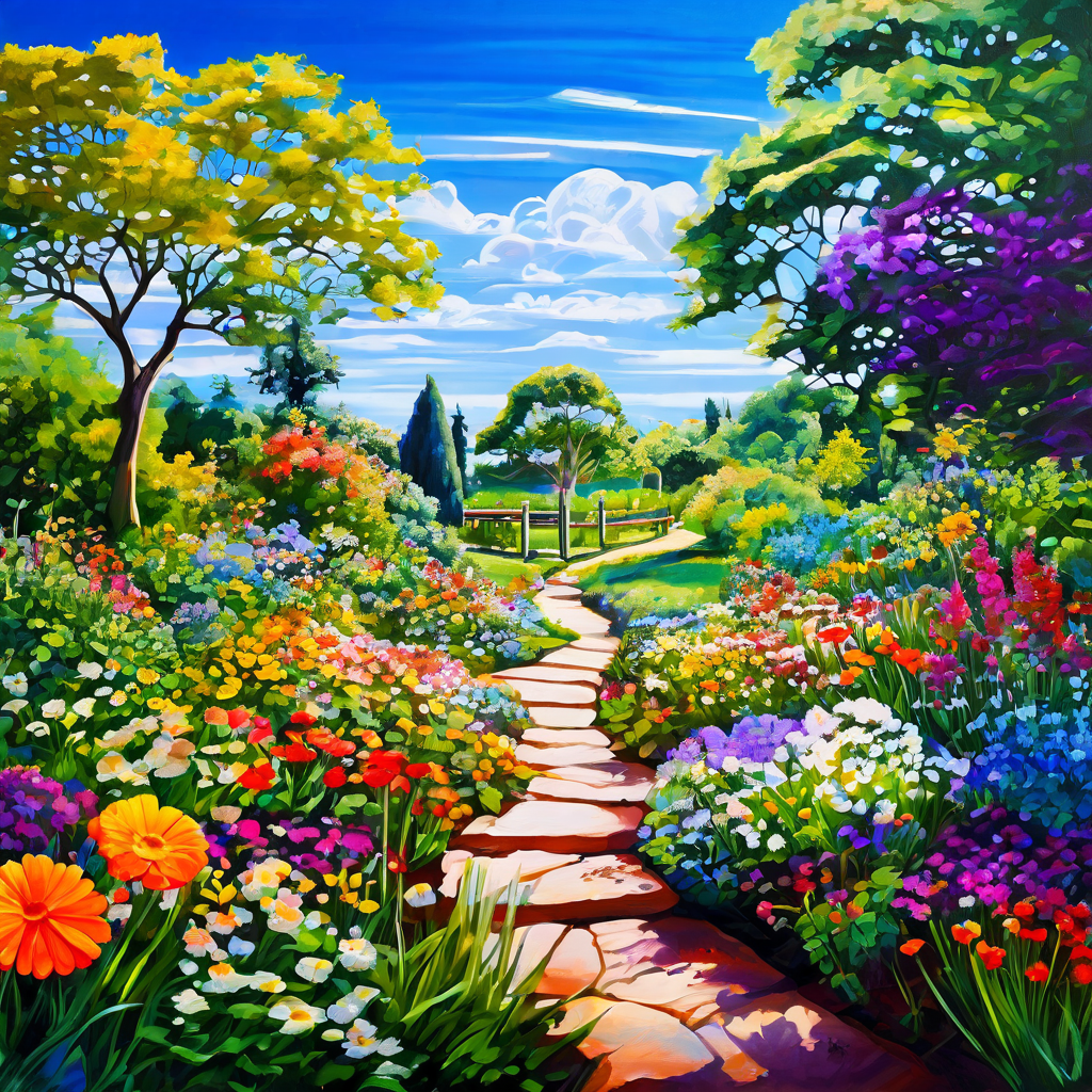 창의적 휴식 중 활기찬 정원으로 형상화된 사람의 마음속에서 아이디어가 꽃피고 명료한 사고의 경로가 형성되는 개념을 시각적으로 표현한 이미지입니다.