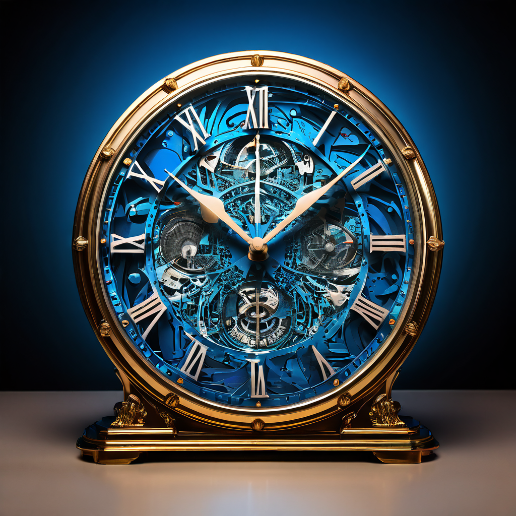 공식 표준시와 약간 느리게 가는 방송 스튜디오 시계를 나란히 보여주며, 두 시간 사이에 반짝이는 시간의 균열이 발생한 시계판을 묘사한 이미지입니다.