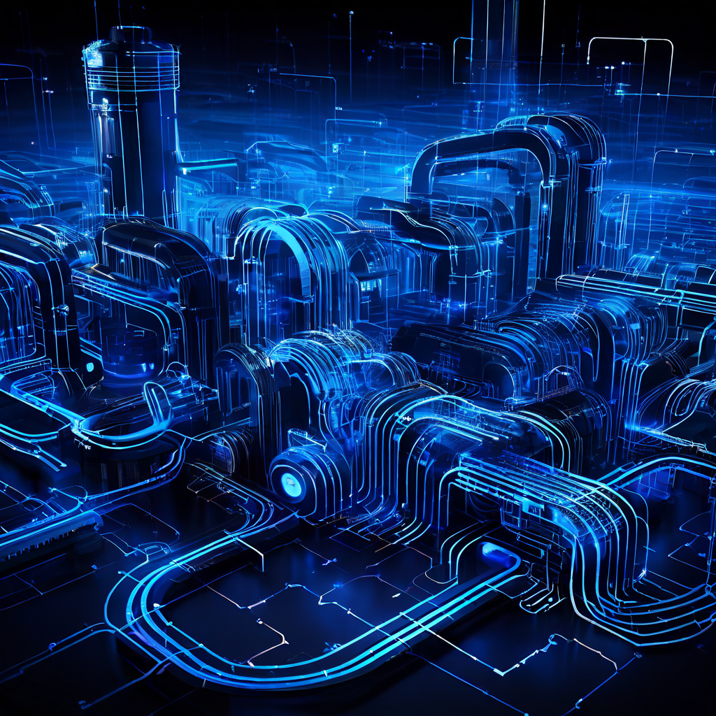복잡하지만 체계적인 디지털 아키텍처를 시각화한 이미지로, 서로 연결된 튜브와 기어들 사이로 빛나는 데이터 스트림이 흐르며 시스템의 상호 연동성을 상세하게 보여줍니다.