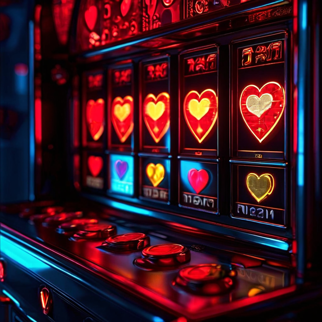 슬롯머신 화면이 하트와 동전 아이콘으로 빛나고 있지만, 객관적이고 거리를 둔 시선으로 바라본 감정 없는 도박 게임 인터페이스를 담은 이미지입니다.