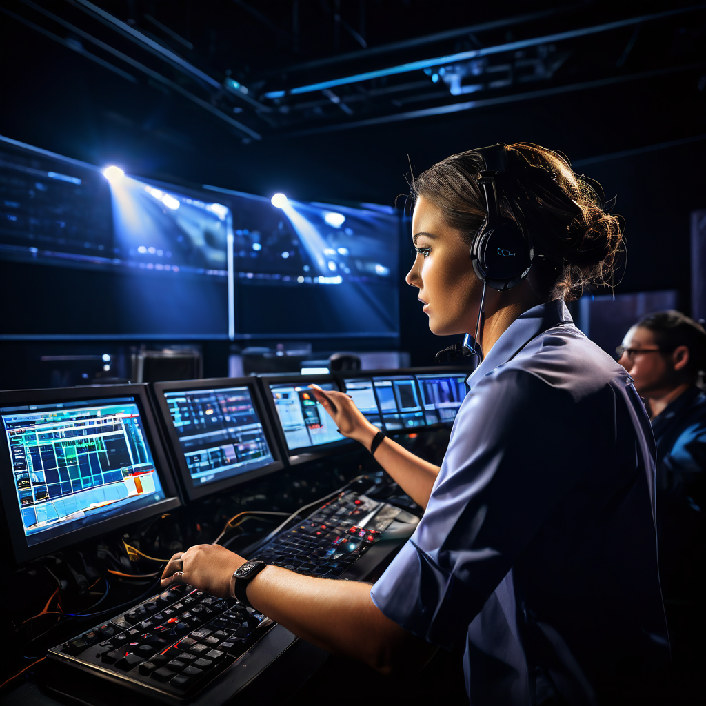 라이브 방송 중 긴박한 제작 현장에서 스태프가 대형 화면의 오타를 신속 정확하게 수정하며 방송 안정성을 확보하는 모습을 담은 이미지입니다.