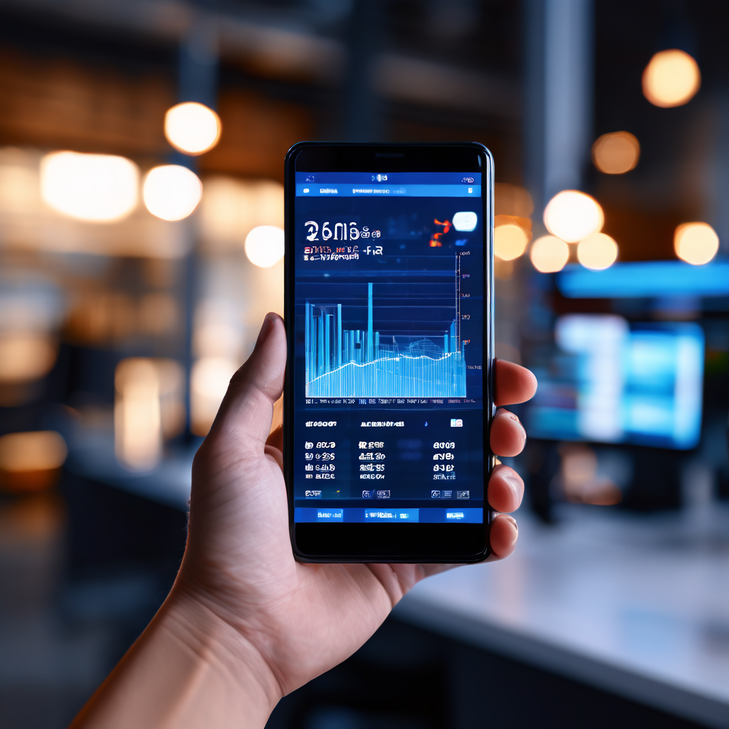 혼란스러운 업무 환경 속에서 스마트폰 화면에 선명하게 표시된 실시간 데이터를 손에 쥔 모습으로, 투명한 정보 공개와 신뢰할 수 있는 디지털 솔루션의 중요성을 상징적으로 보여줍니다.