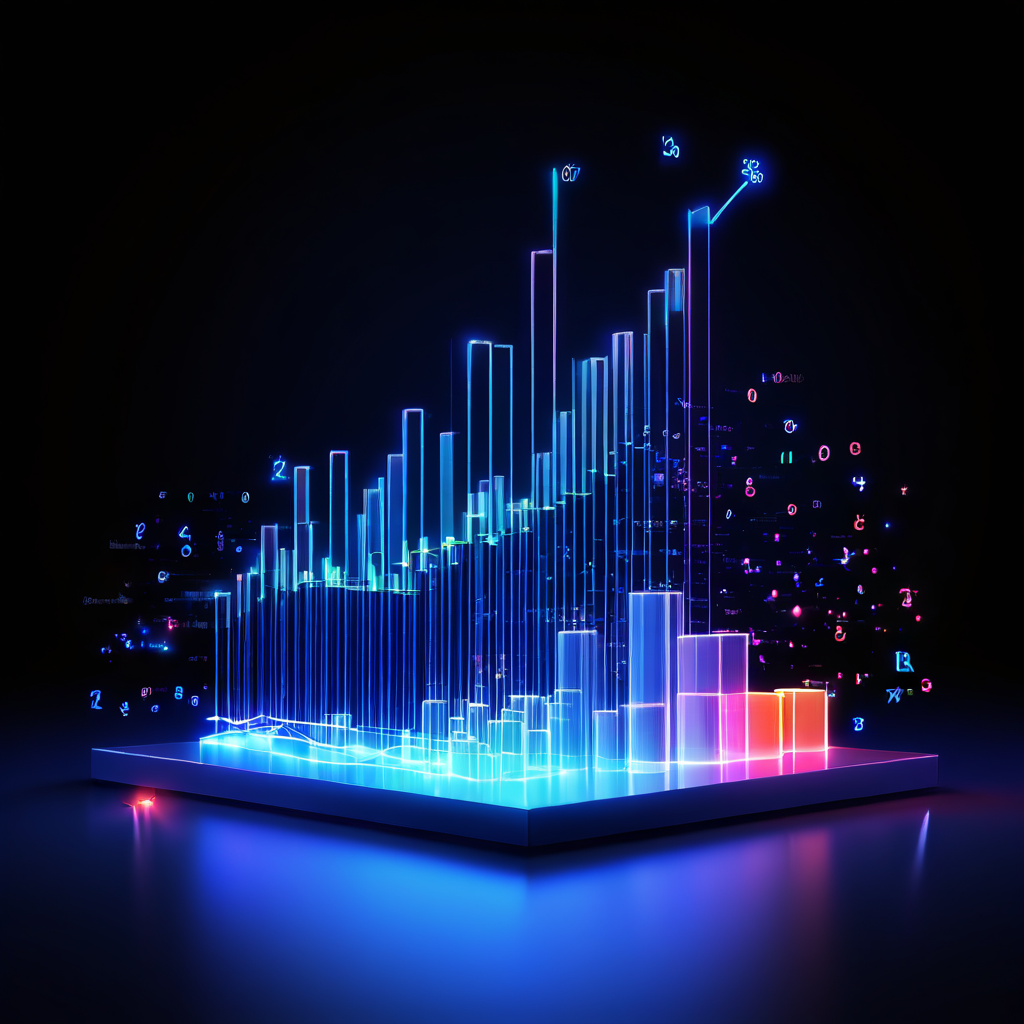 데이터 분석 결과를 시각화한 3D 막대 그래프와 선 그래프가 교차하며, R-제곱과 p-값 같은 주요 통계 지표와 수학 기호들이 주변에 배치되어 있습니다.